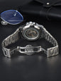 Back view of LONGLUX Skeleton Automatic Watch showing silver metal bracelet and transparent case back