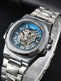 LONGLUX Skeleton Automatic Watch with silver metal band and blue dial showcasing exposed mechanical movement