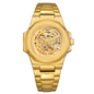 Gold LONGLUX Skeleton Automatic Watch with transparent dial and metal bracelet by Alcom Distribution