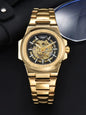 LONGLUX Skeleton Automatic Watch with gold metal band and visible mechanical movement by Alcom Distribution