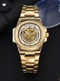 Alcom Distribution LONGLUX Skeleton Automatic Watch with gold metal band and transparent dial showcasing intricate mechanical movement