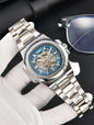 LONGLUX Skeleton Automatic Watch with silver metal band and blue skeleton dial held by gloved hand