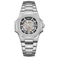 LONGLUX Skeleton Automatic Watch with silver stainless steel band and exposed mechanical movement