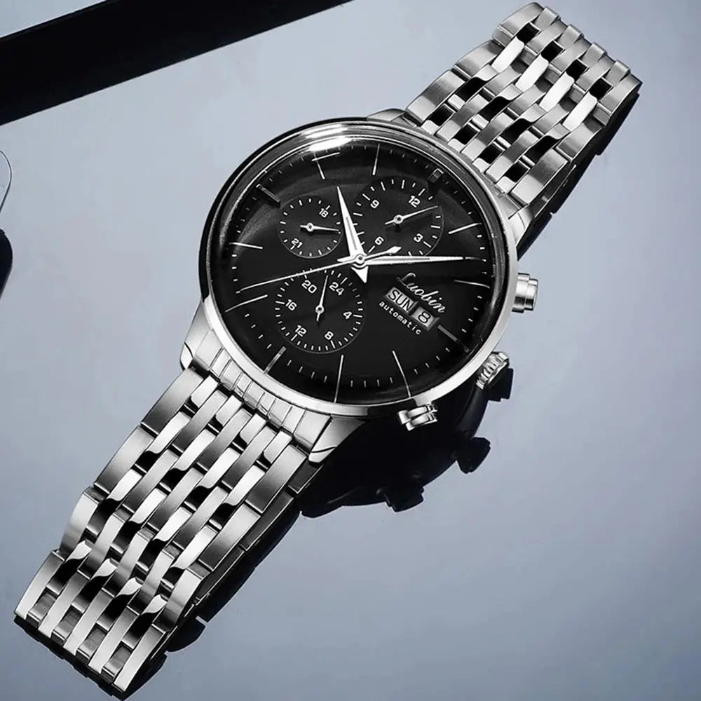 Luxury men's automatic watch with black dial and stainless steel bracelet by Alcom Distribution