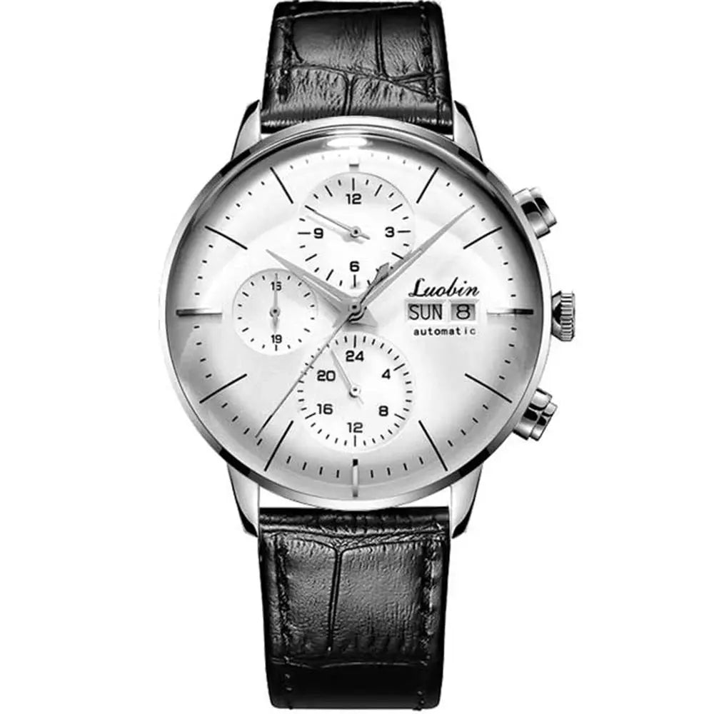Luxury men's automatic watch by Alcom Distribution with black leather strap and silver dial