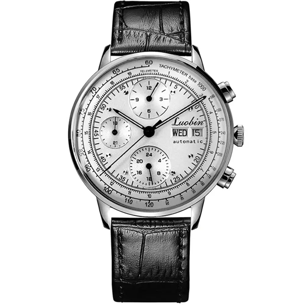 Luxury men's automatic watch with silver dial black leather strap and chronograph features by Alcom Distribution