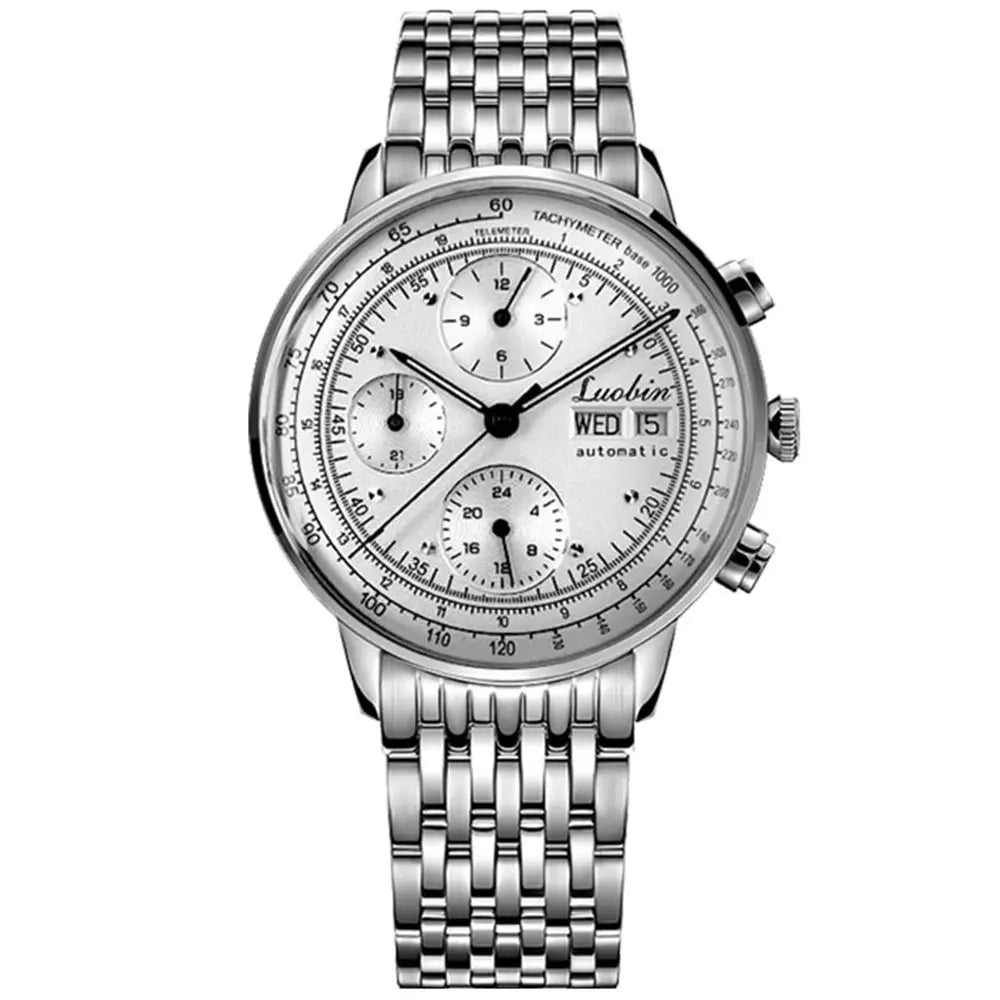 Luxury men's automatic watch with silver stainless steel band and chronograph dial from Alcom Distribution