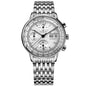 Luxury men's automatic watch with silver stainless steel band and chronograph dial from Alcom Distribution