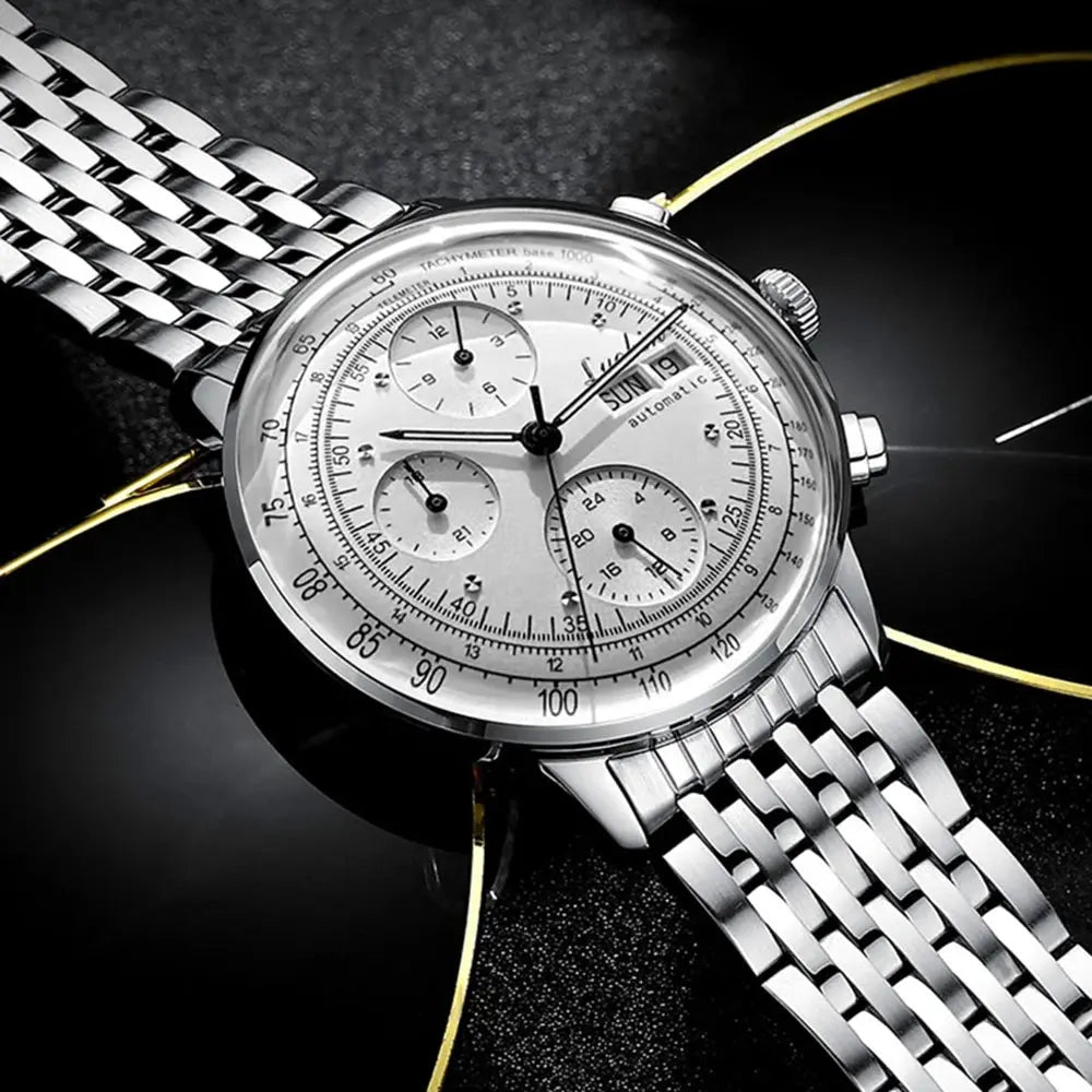 Luxury men's automatic watch by Alcom Distribution with silver dial and stainless steel bracelet