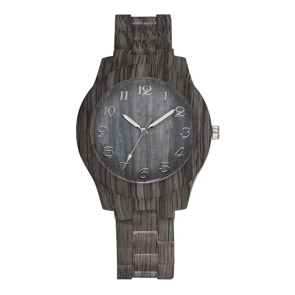 Alcom Distribution luxury wood grain watch with dark textured wooden band and round face