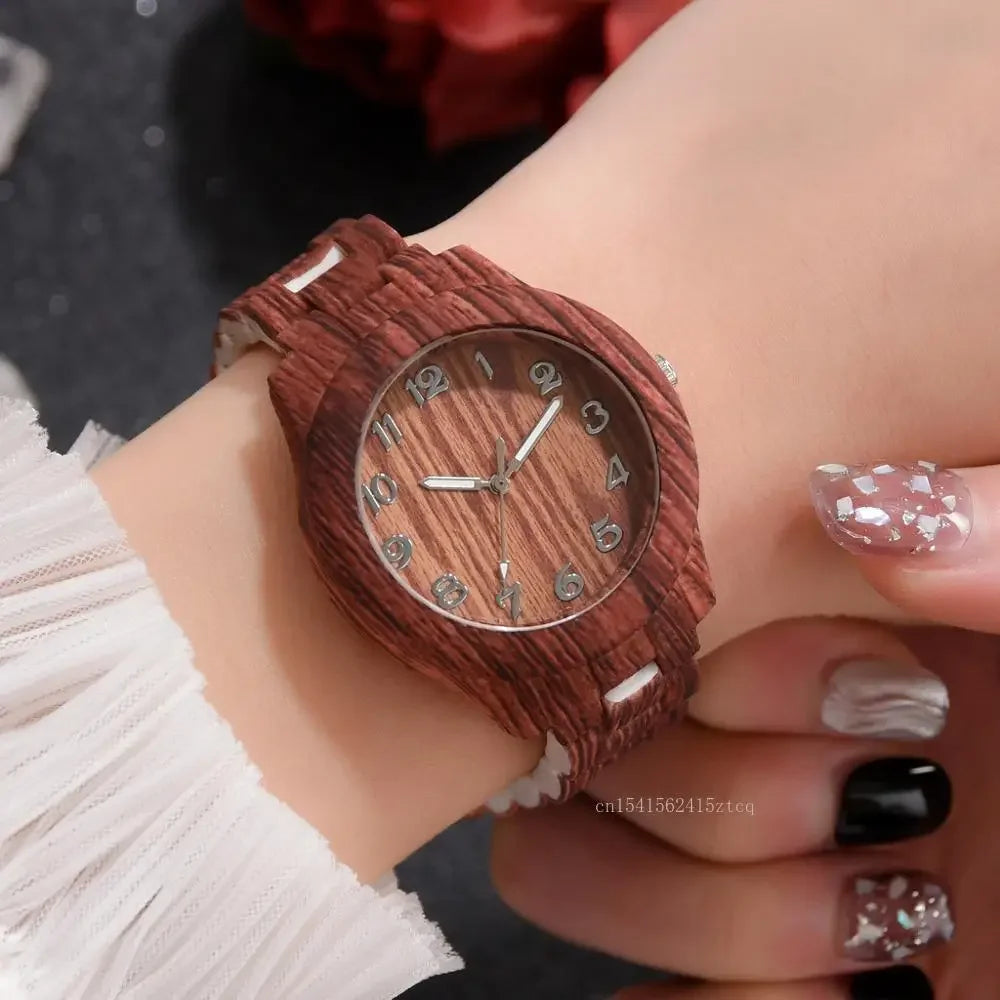Luxury wood grain watch by Alcom Distribution with textured brown wooden strap and dial on wrist