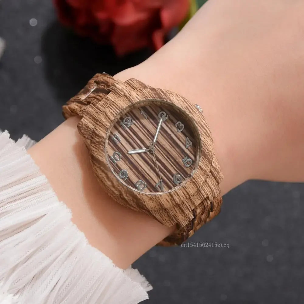 Luxury wood grain watch with textured wooden band and dial by Alcom Distribution on wrist