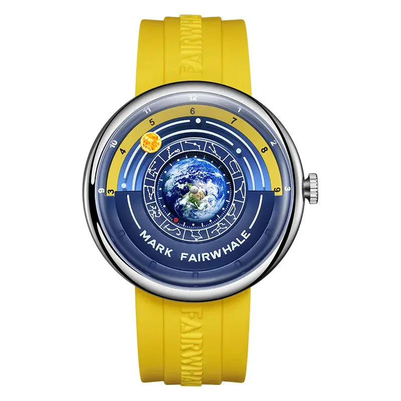 Alcom Distribution Mark Fairwhale blue dial watch with earth motif and yellow strap luxury quartz men's wristwatch