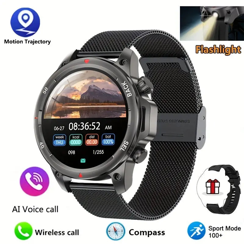 Alcom Distribution Men's GPS Smartwatch with Voice Assistant featuring durable black mesh band and multiple functions