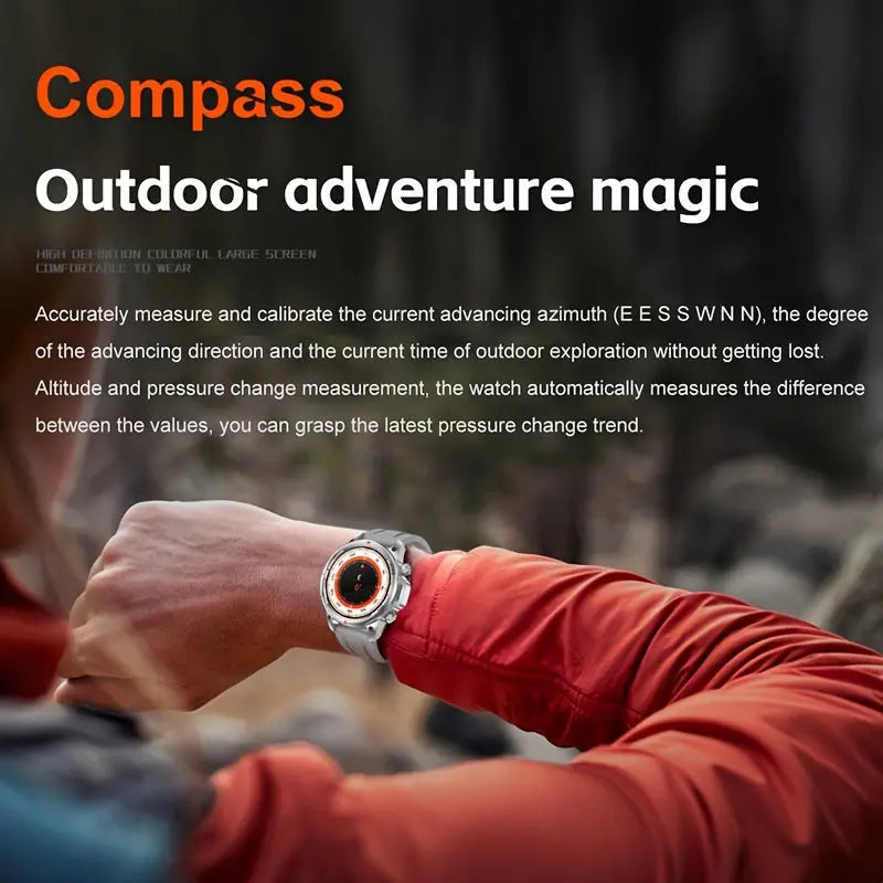 Men's GPS Smartwatch with Voice Assistant worn on wrist showing compass feature for outdoor adventure