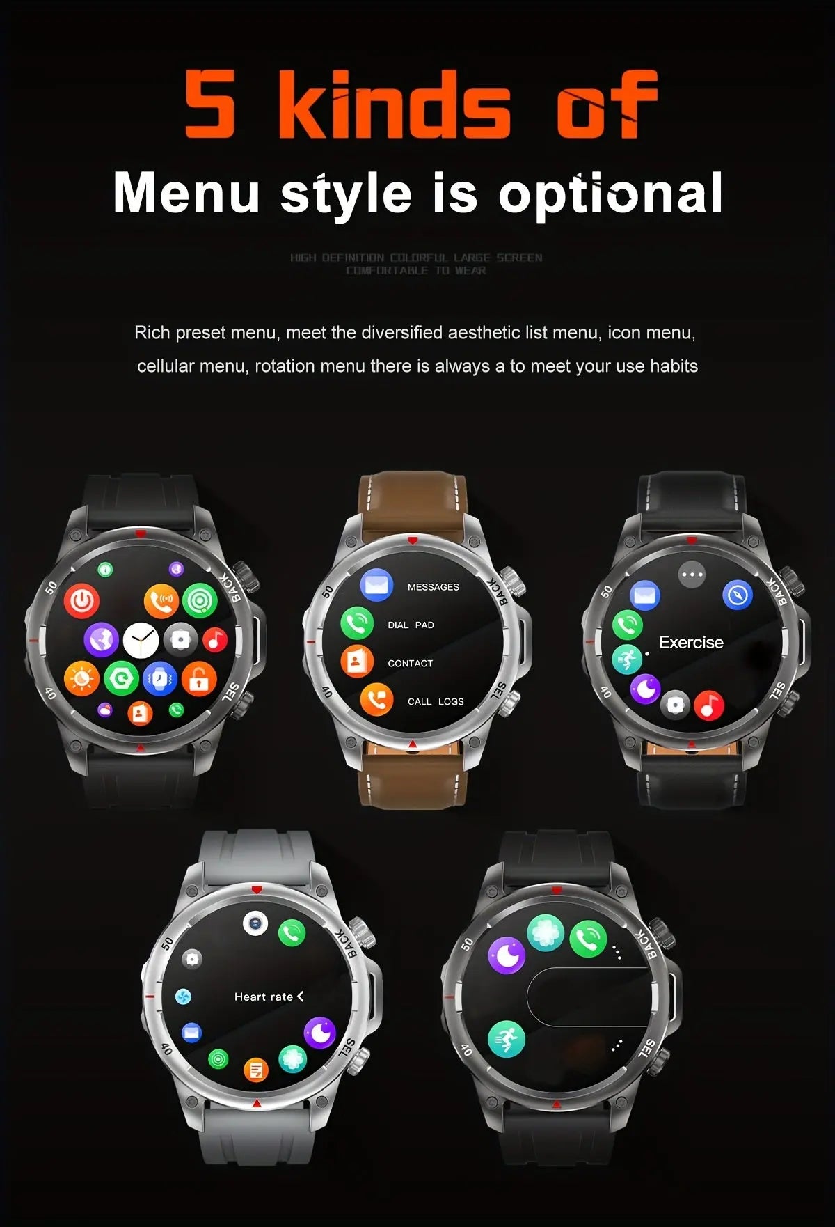 Men's GPS Smartwatch with Voice Assistant showing five customizable menu styles on different watch faces