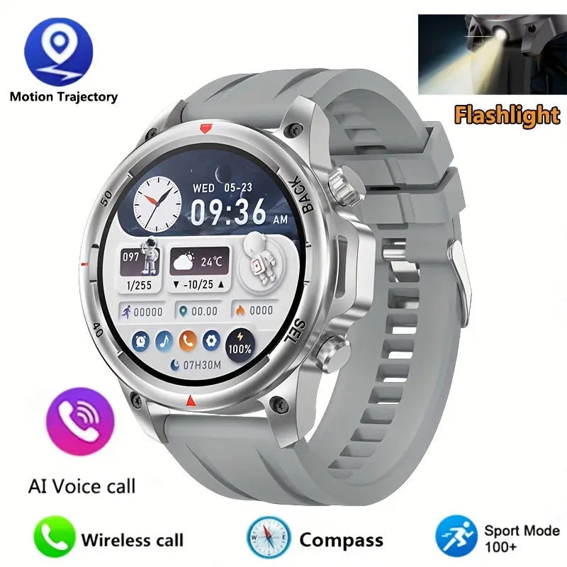 Men's GPS Smartwatch with Voice Assistant featuring motion trajectory, flashlight, AI voice call, wireless call, compass, and sport mode