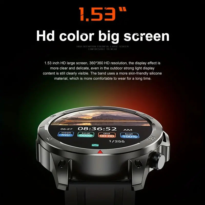 Men's GPS Smartwatch with Voice Assistant featuring 1.53 inch HD color big screen and silicone band