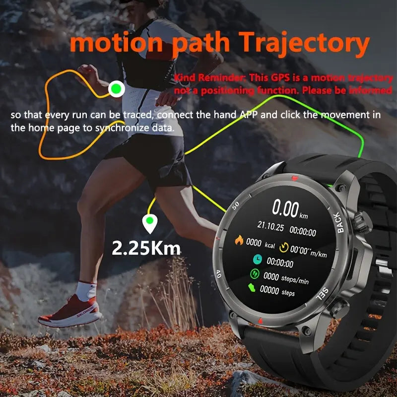 Men's GPS Smartwatch with Voice Assistant showing fitness tracking and motion path trajectory features
