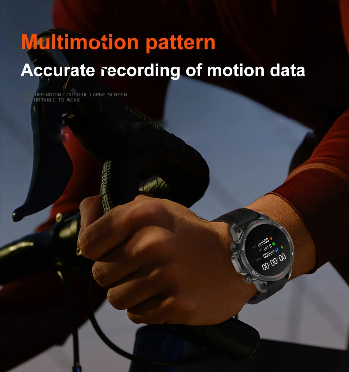 Alcom Distribution men's GPS smartwatch with voice assistant shown on wrist of cyclist tracking motion data