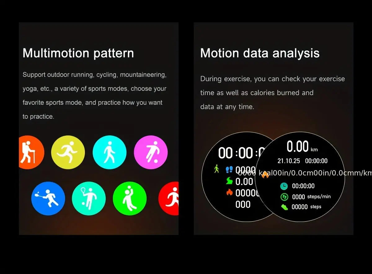 Men's GPS Smartwatch with Voice Assistant by Alcom Distribution showing multimotion patterns and motion data analysis screens