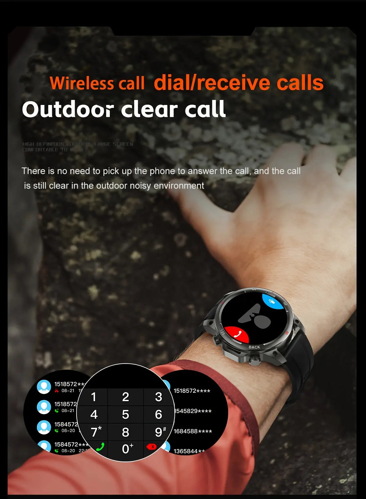 Alcom Distribution men's GPS smartwatch with voice assistant showing call dial screen outdoors