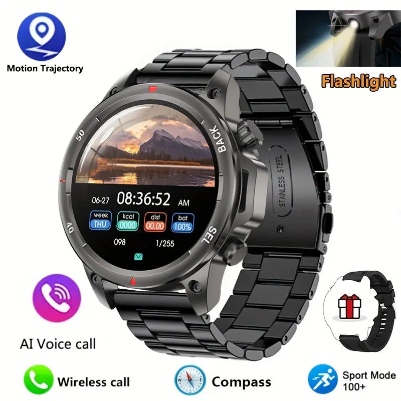 Men's GPS Smartwatch with Voice Assistant featuring motion trajectory, flashlight, wireless call, compass, and sport mode