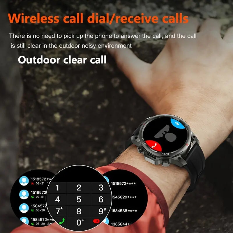 Men's GPS Smartwatch with Voice Assistant showing wireless call dial and receive calls feature on wrist