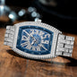 Stylish mens iced out watch silver black with diamond accents and sleek blue face design