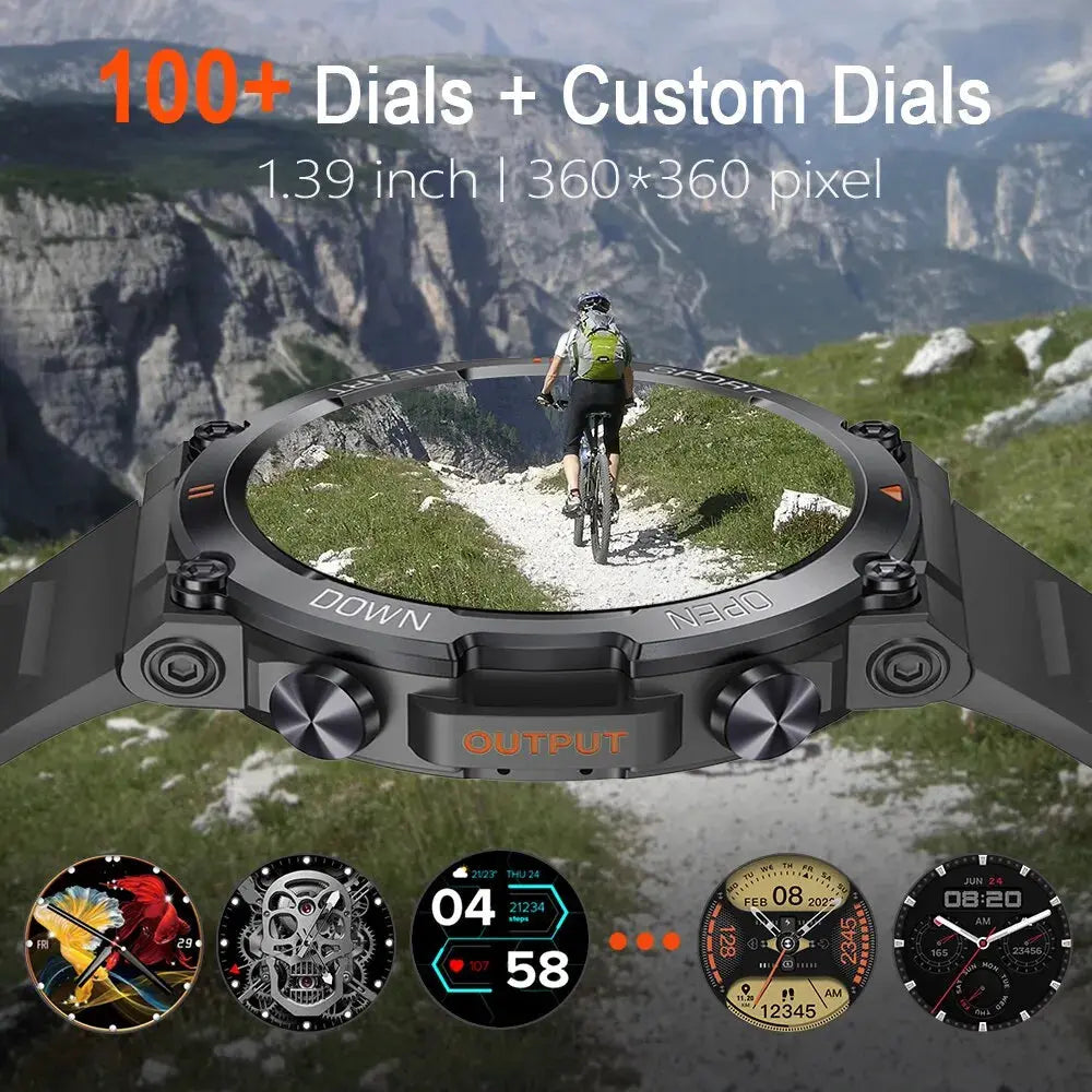 MEVADEN smart watch fitness tracker by Alcom Distribution showing hiking cycling watch face and multiple customizable dials