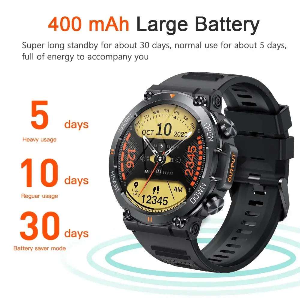 Alcom Distribution MEVADEN smart watch fitness tracker rugged black round smartwatch with 400 mAh battery life info