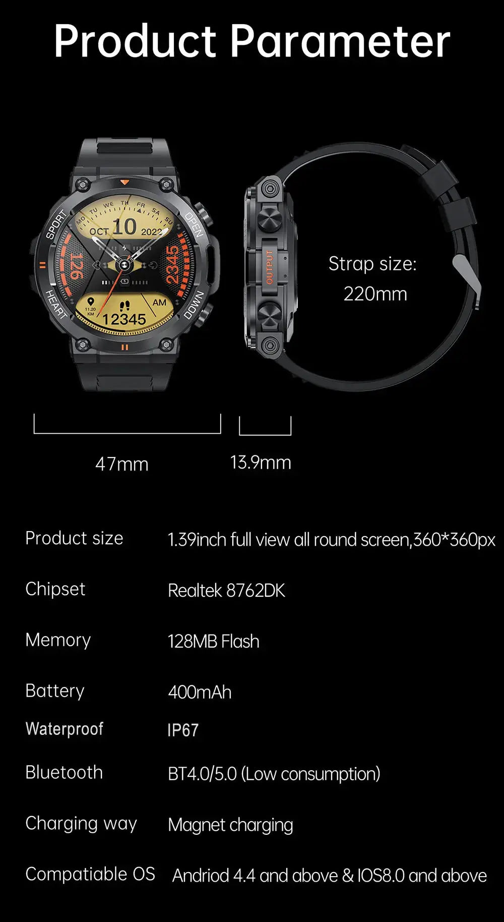 MEVADEN smart watch fitness tracker by Alcom Distribution showing front and side views with specs and dimensions
