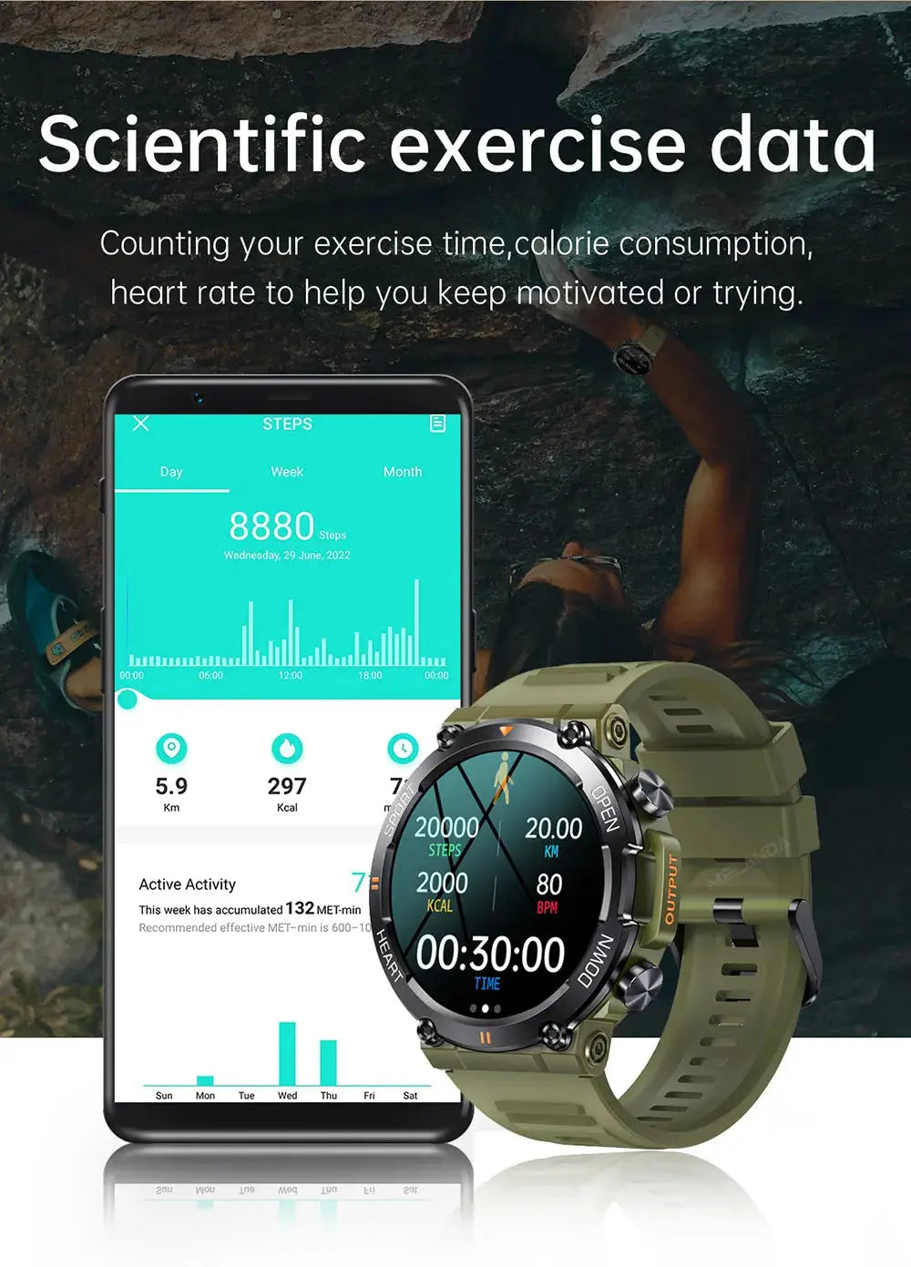 MEVADEN smart watch fitness tracker olive green rugged watch with step and heart rate app on phone