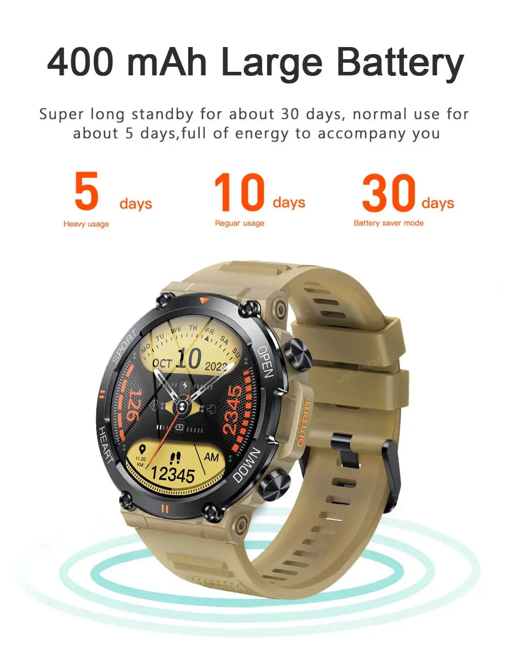 Alcom Distribution MEVADEN smart watch fitness tracker khaki rugged round sports watch with 400 mAh battery