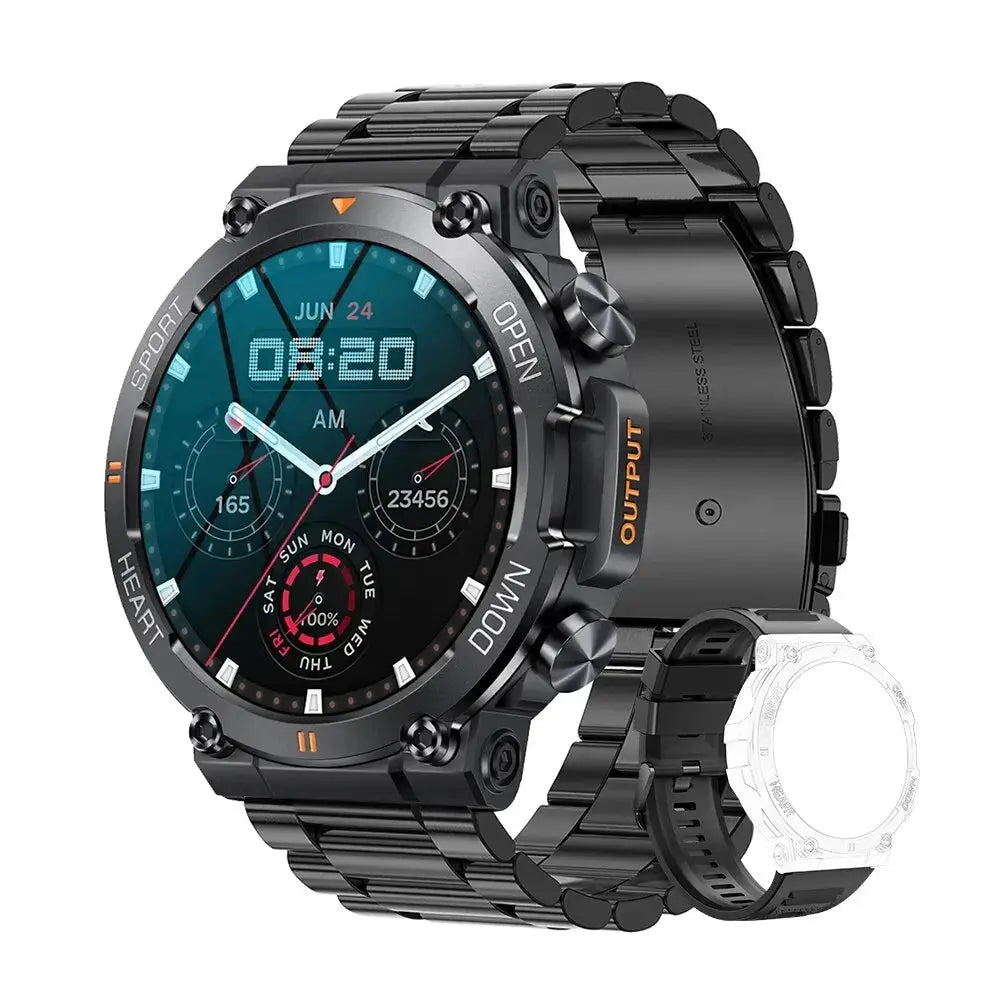 Black stainless steel MEVADEN smart watch fitness tracker with round hybrid display and metal link band