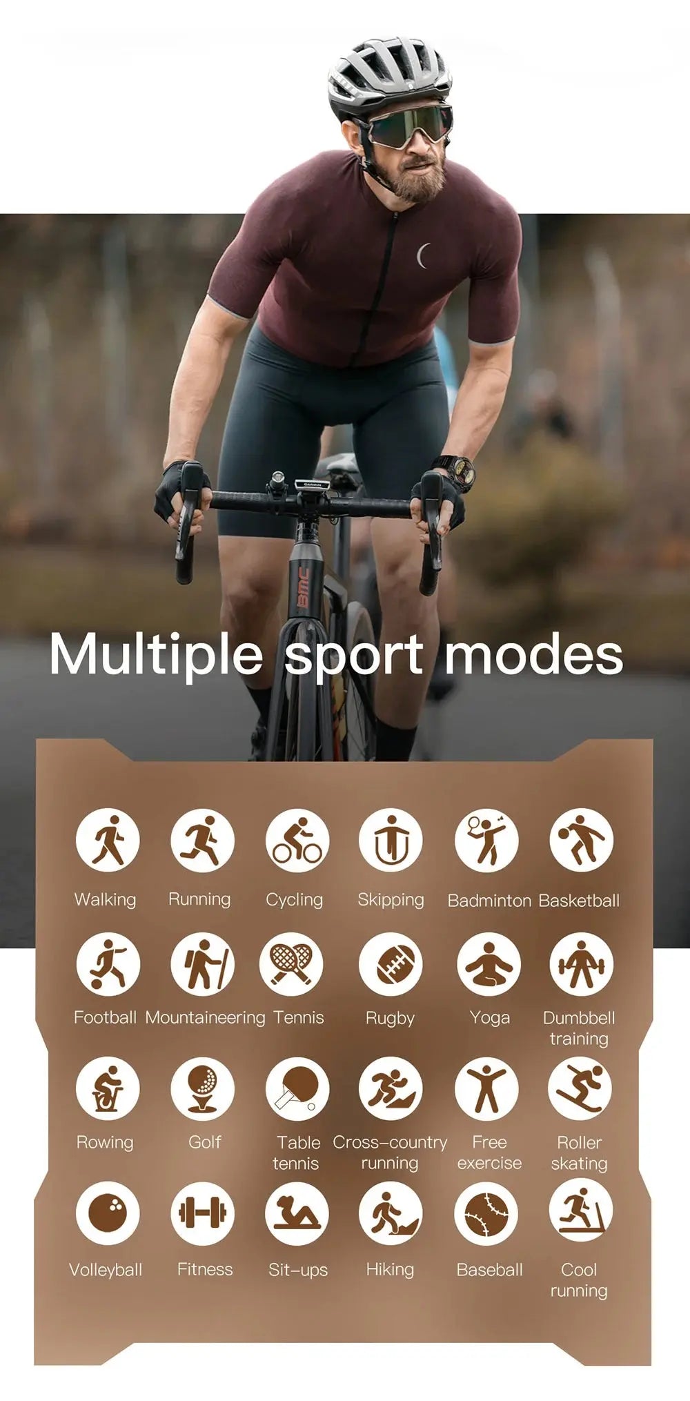 MEVADEN smart watch fitness tracker promotional image showing cyclist and multiple sport modes icons
