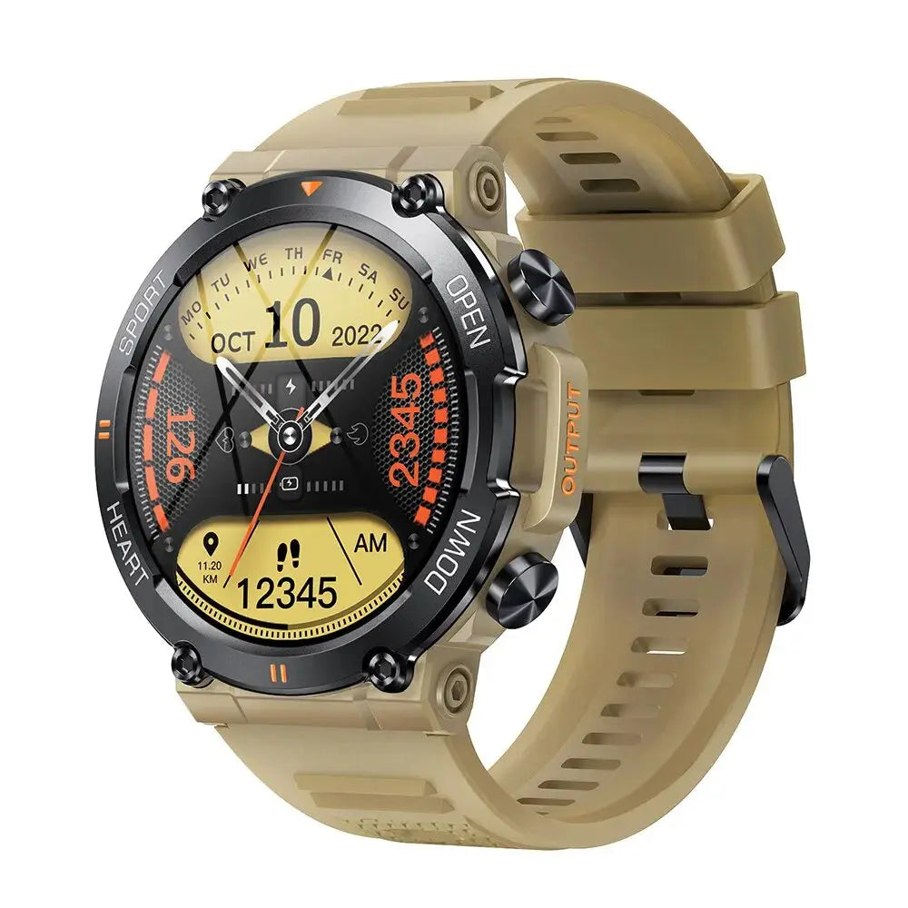Alcom Distribution MEVADEN smart watch fitness tracker rugged tan round GPS smartwatch with silicone strap