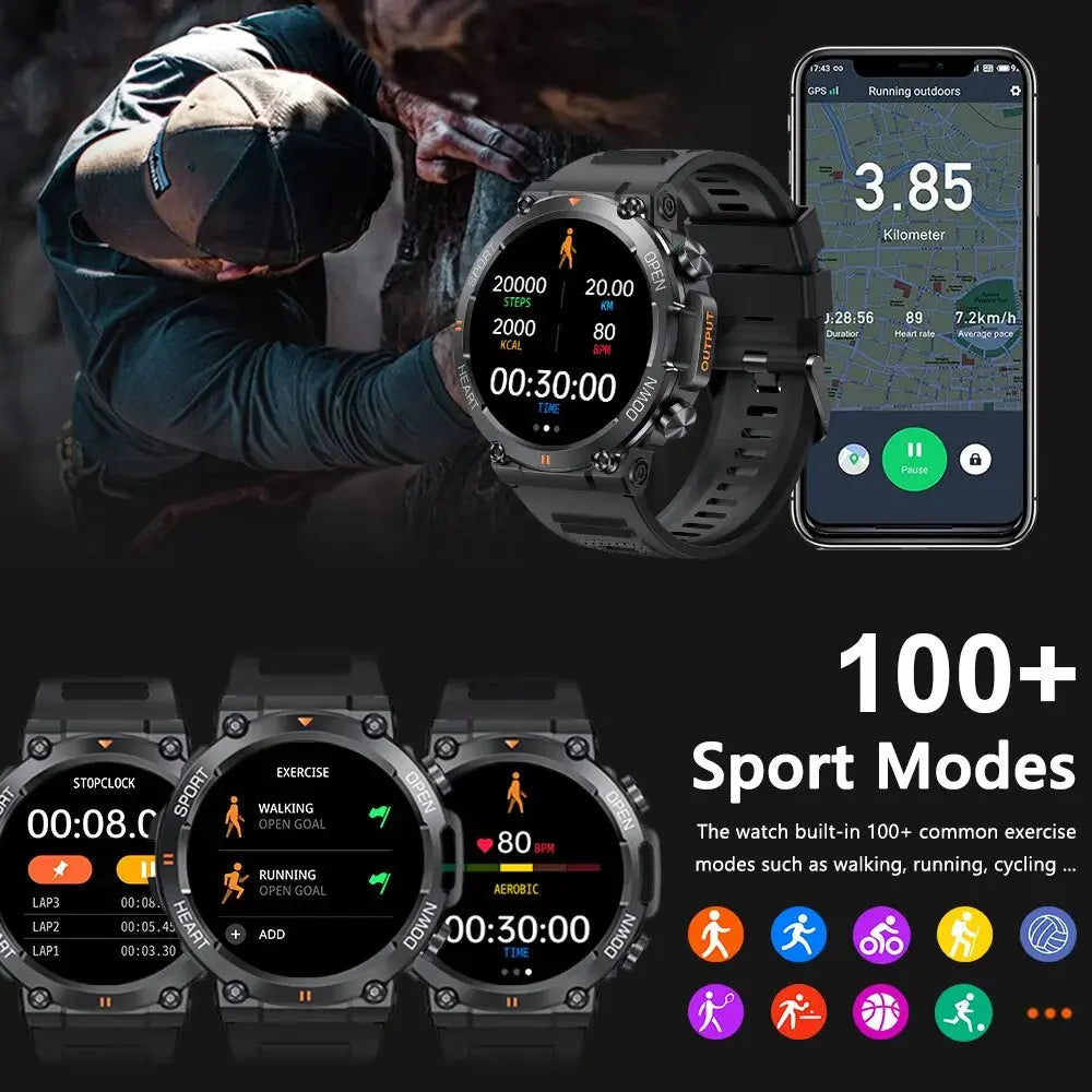 Alcom Distribution MEVADEN smart watch fitness tracker rugged black GPS smartwatch showing sport modes heart rate