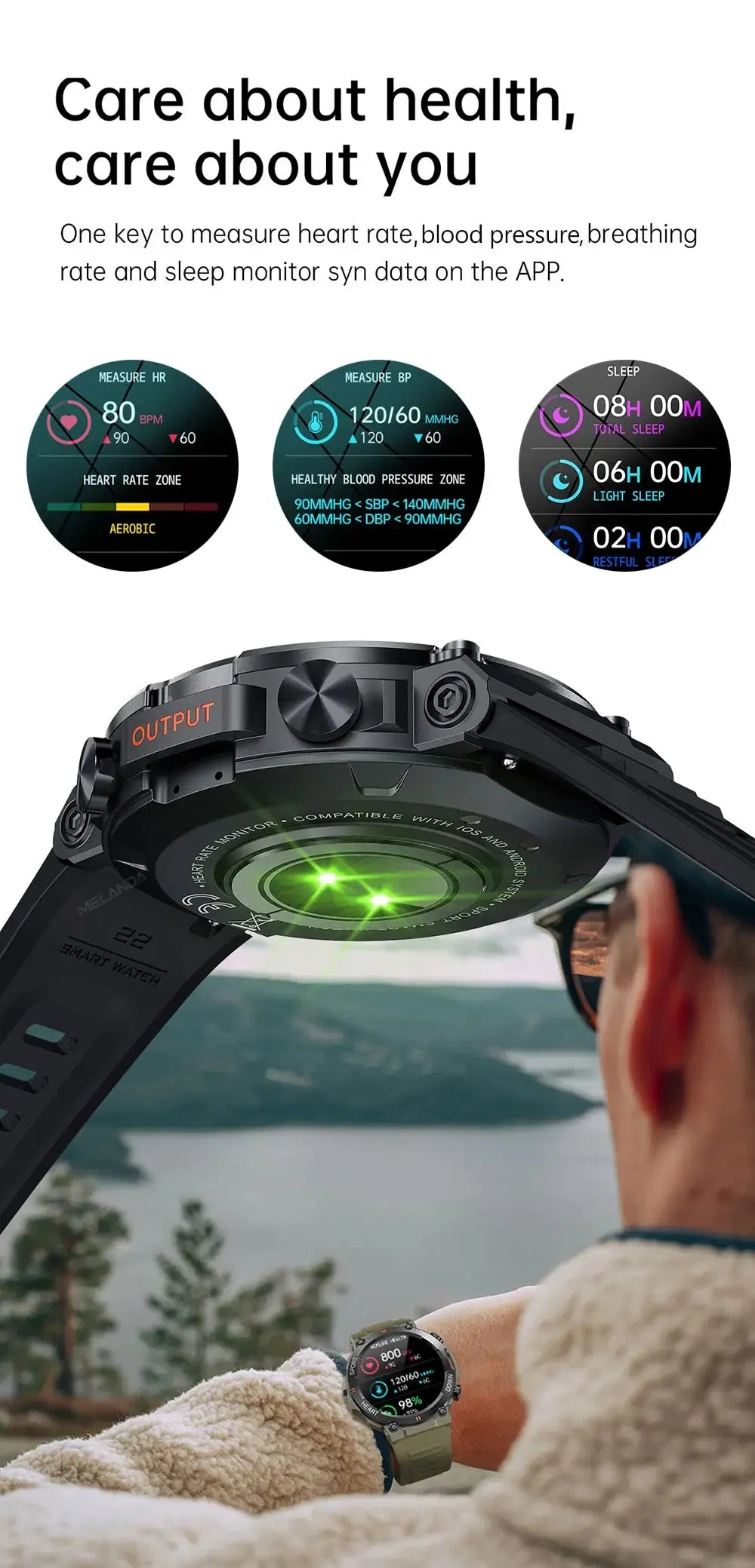 MEVADEN smart watch fitness tracker on wrist showing glowing heart rate sensor and health screens