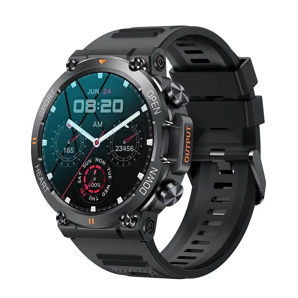 MEVADEN smart watch fitness tracker rugged black round GPS watch with silicone strap and sport buttons