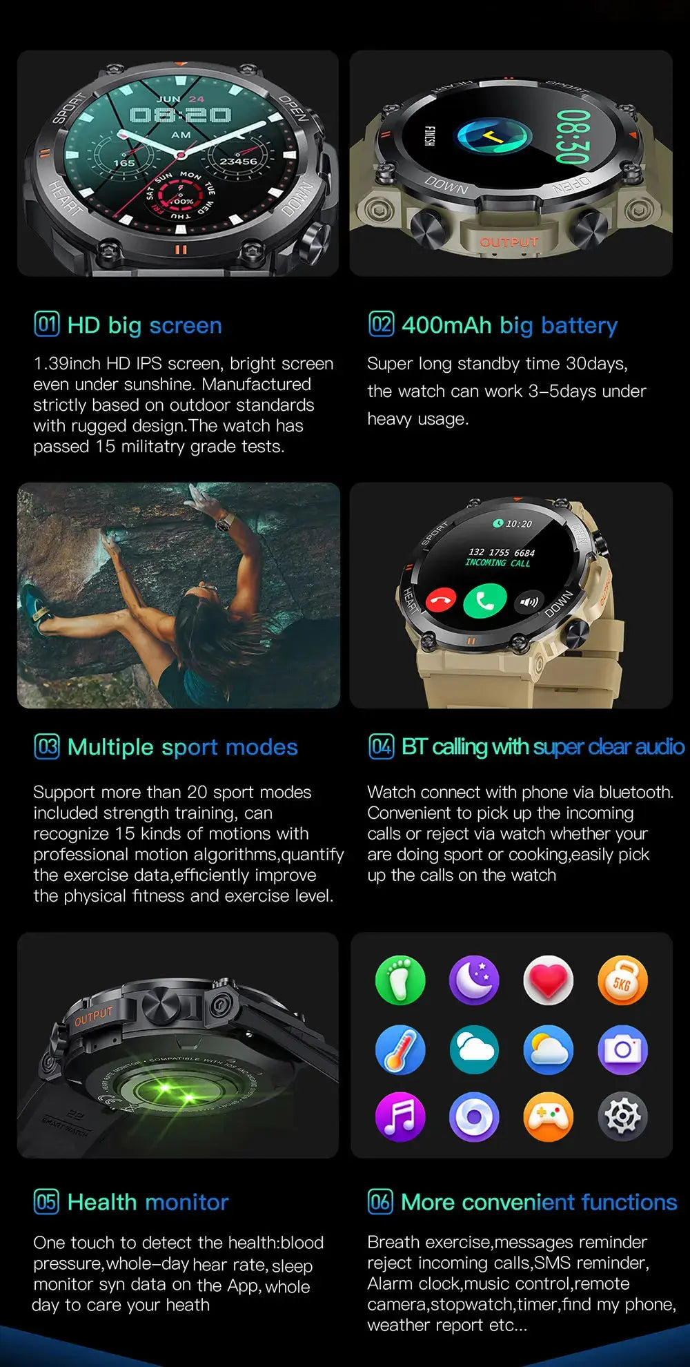 MEVADEN smart watch fitness tracker showing rugged smartwatch with HD screen swim mode call screen sensors apps