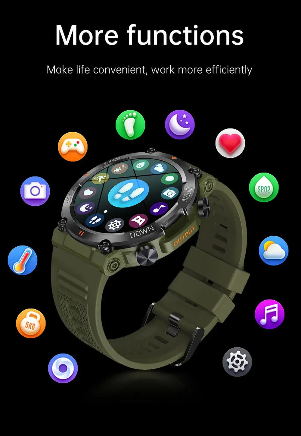 MEVADEN smart watch fitness tracker Alcom Distribution rugged green smartwatch with health and activity app icons
