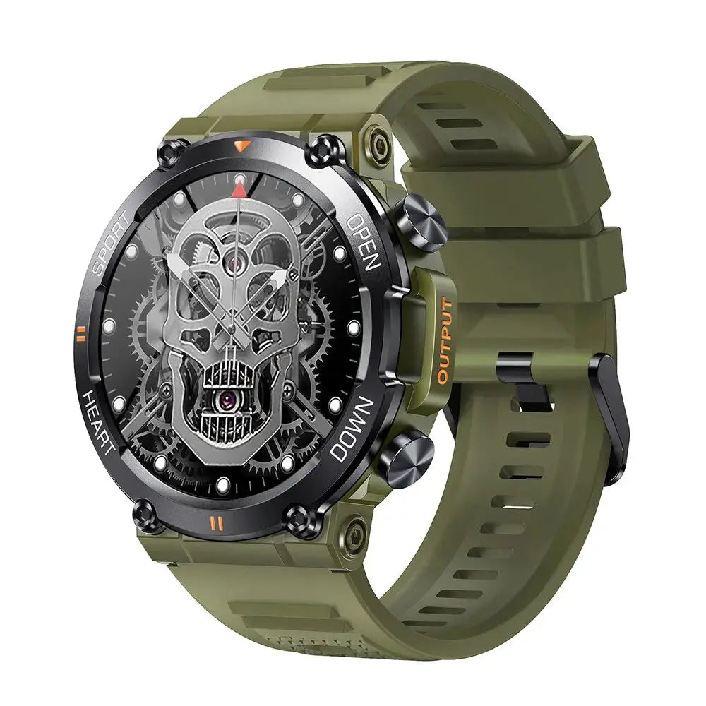 Olive green rugged watch with skull mechanical dial and silicone strap MEVADEN smart watch fitness tracker by Alcom Distribution