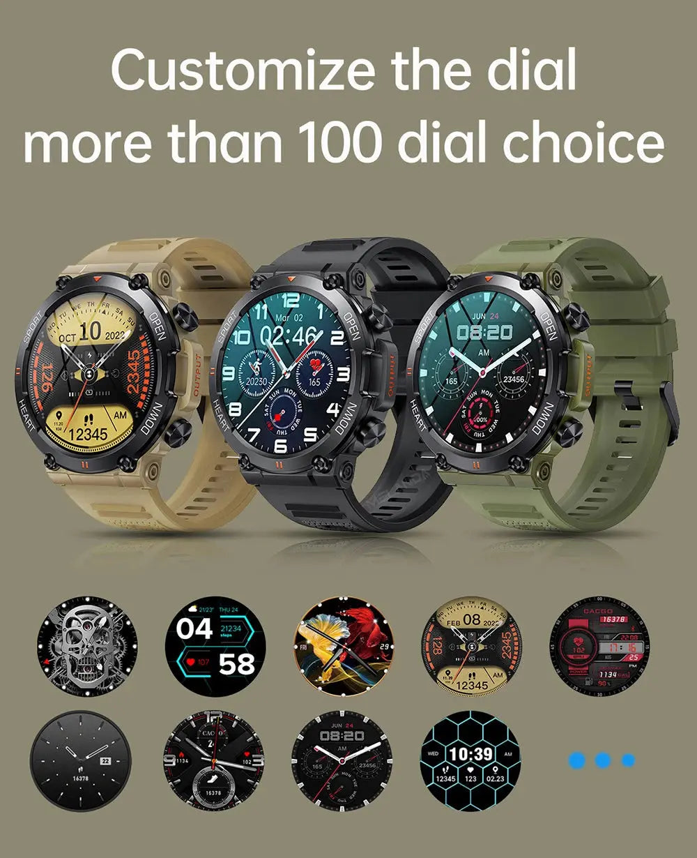 MEVADEN smart watch fitness tracker rugged watches in tan black and green showing multiple customizable dials