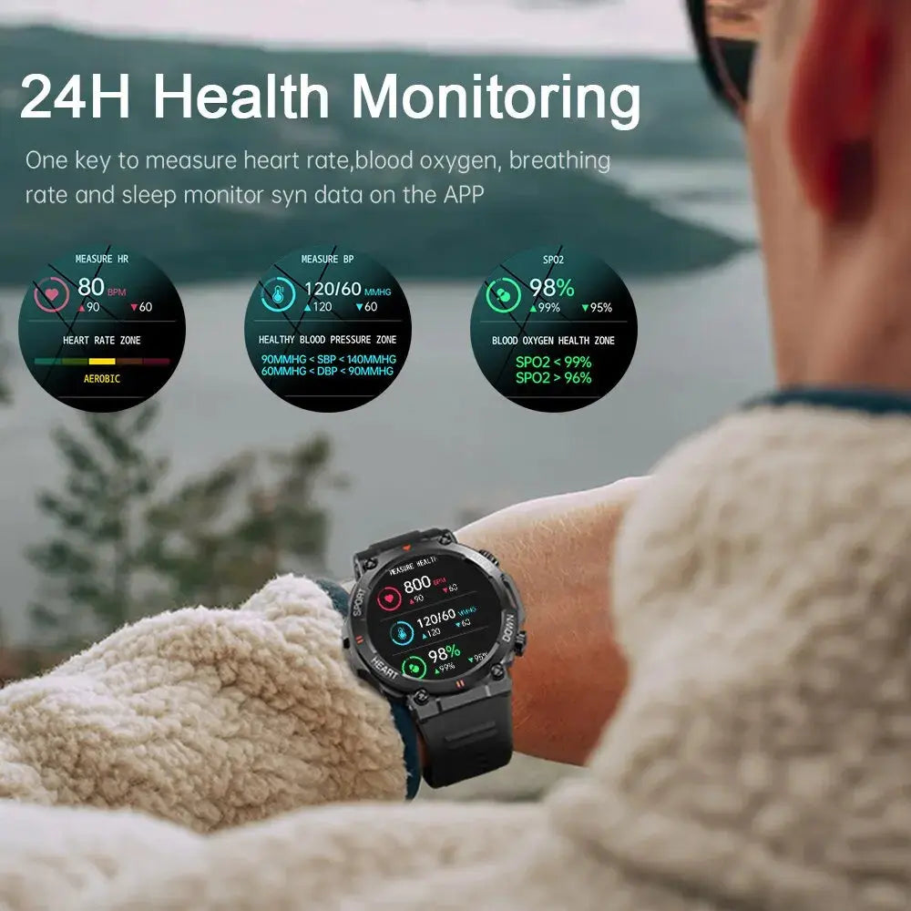 Alcom Distribution MEVADEN smart watch fitness tracker on wrist displaying 24H health monitoring metrics outdoors