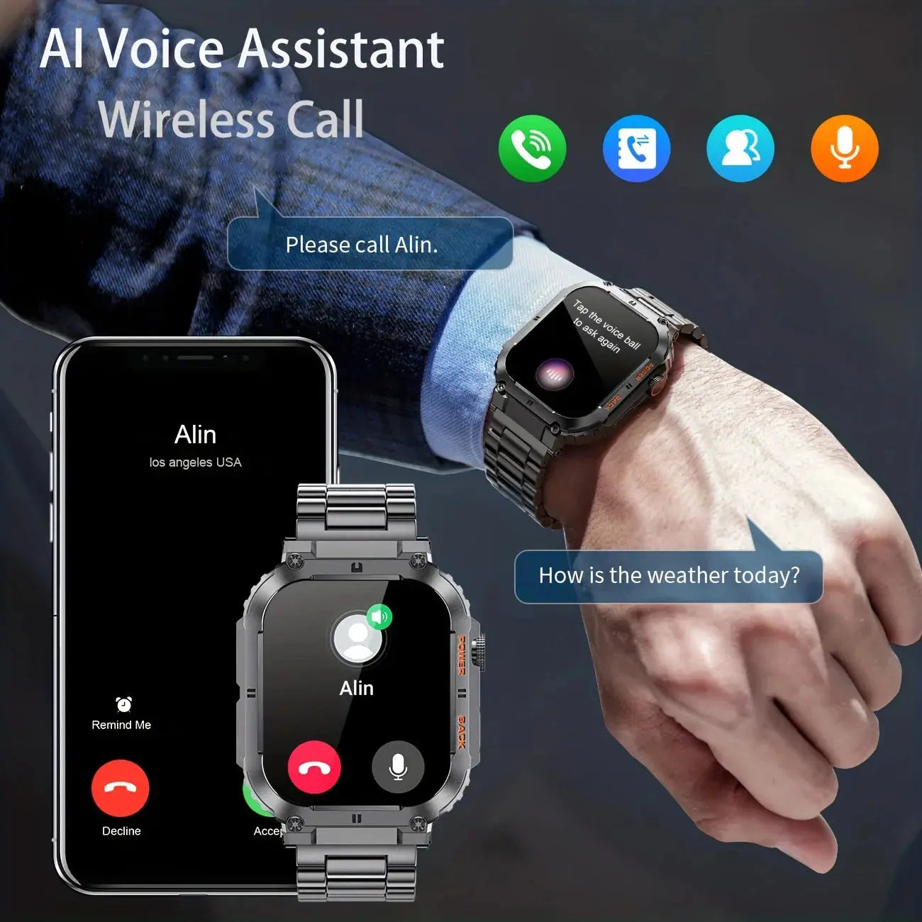 Alcom Distribution military tactical smartwatch rugged with AI voice assistant and wireless call features