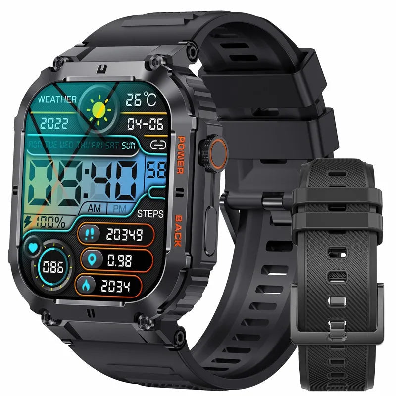 Alcom Distribution military tactical smartwatch rugged in black with weather, steps, and health tracking display