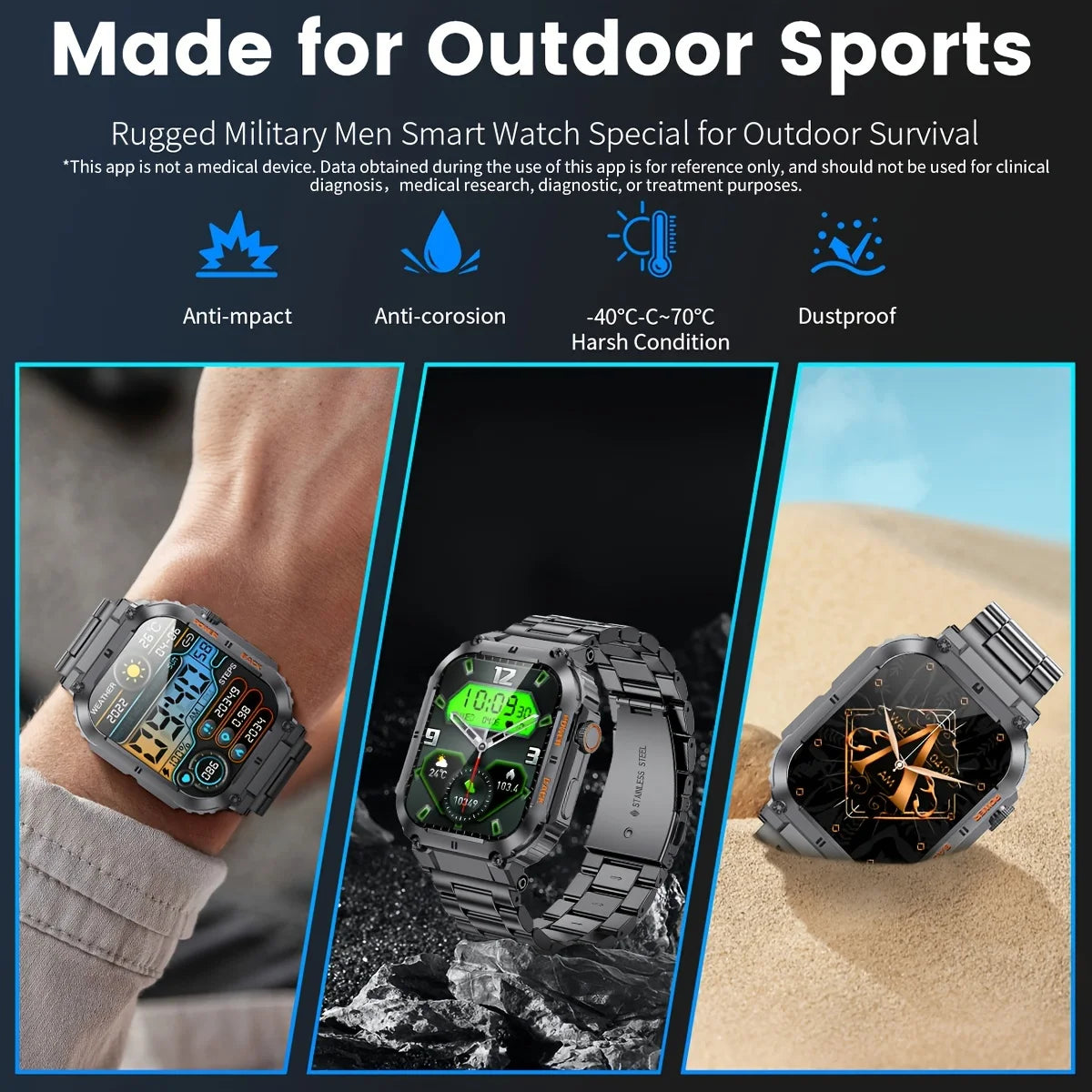 Alcom Distribution military tactical smartwatch rugged designed for outdoor sports with anti-impact and dustproof features