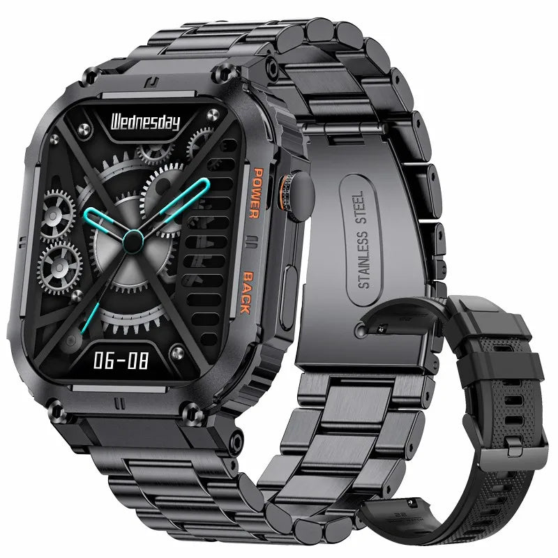 Alcom Distribution military tactical smartwatch rugged with black stainless steel band and digital analog display