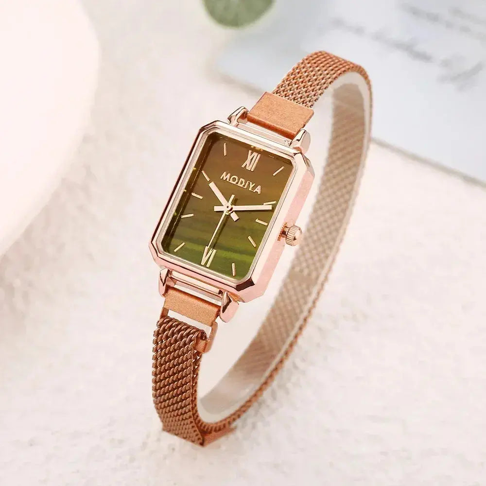 Alcom Distribution rose gold fashion ladies watch with rectangular green dial and mesh bracelet